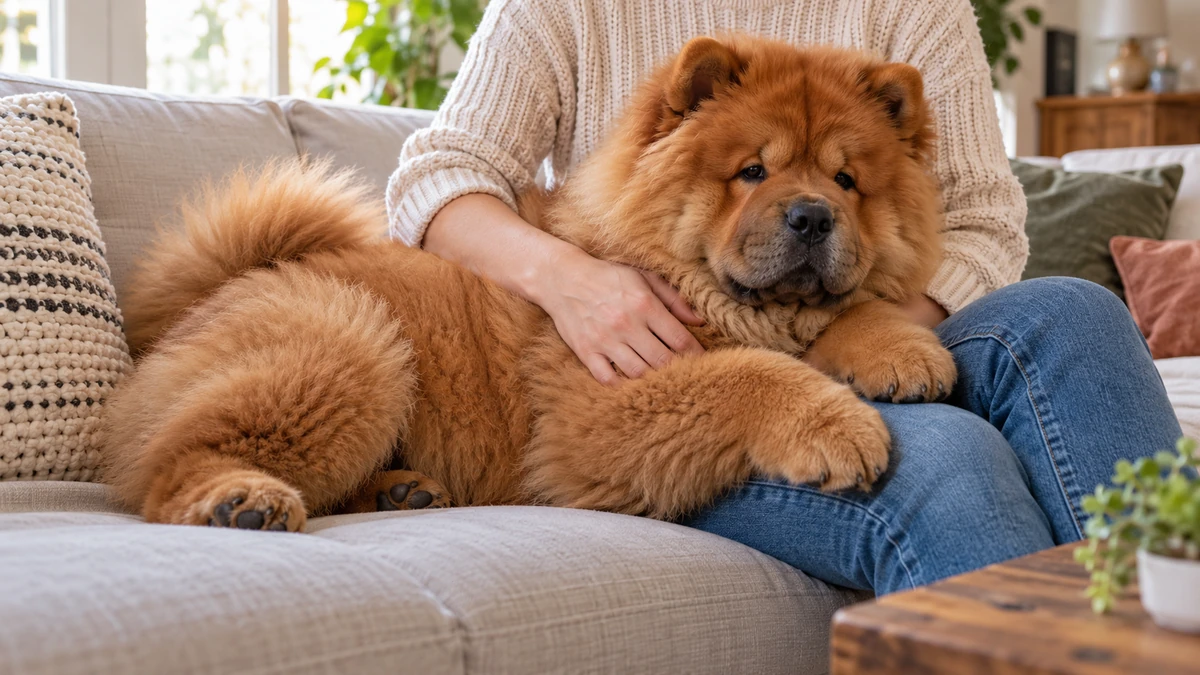 Chow Chow köpek — sahibinin kucağında