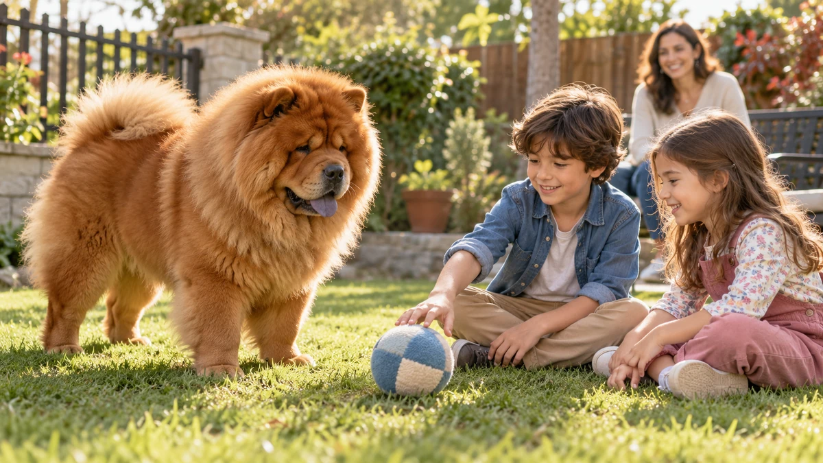 Chow Chow köpek — çocuklarla oyun